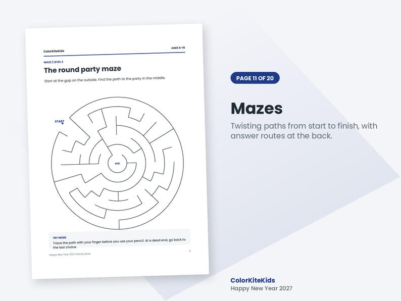 May include: A white activity page titled The round party maze with a circular maze graphic. The text includes ColorKiteKids, Ages 6-10, Maze Level 2, Start, End, and instructions to trace the path. The page is labeled Page 11 of 20.