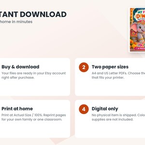 May include: A digital coloring book titled My First Diwali featuring a cartoon elephant, diya lamps, and rangoli. The graphic includes four instructional steps for downloading and printing A4 or US Letter PDF files at home.