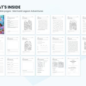 May include: A digital activity book titled Mermaid Lagoon Adventures featuring 20 printable pages. The layout displays a cover image and various activity sheets including word searches, mazes, coloring pages, and writing prompts.