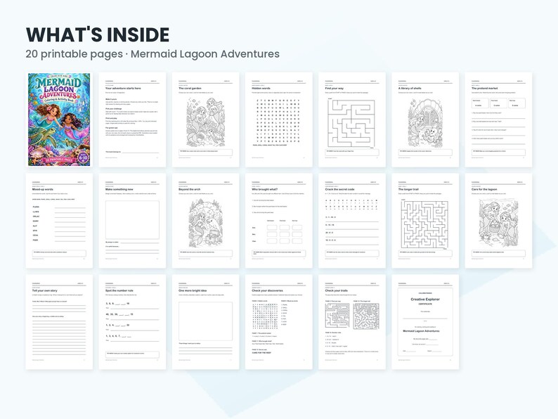 May include: A digital activity book titled Mermaid Lagoon Adventures featuring 20 printable pages. The layout displays a cover image and various activity sheets including word searches, mazes, coloring pages, and writing prompts.