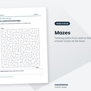 May include: A printed activity page titled The asteroid passage featuring a square maze with a start and finish point. The page includes the text Mission 12, Ages 8-12, and a bonus task to circle two dead ends. The layout is black and white.