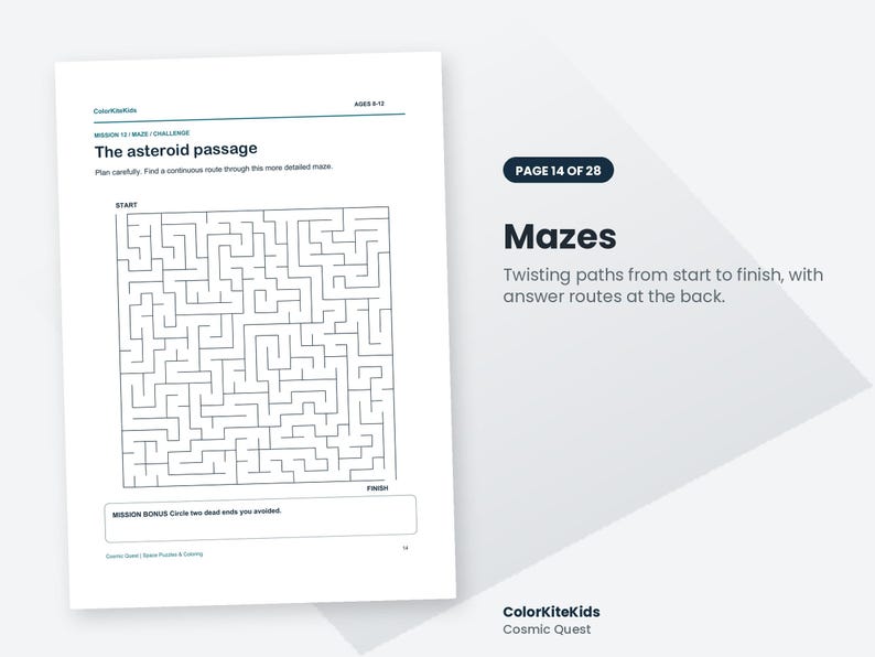 May include: A printed activity page titled The asteroid passage featuring a square maze with a start and finish point. The page includes the text Mission 12, Ages 8-12, and a bonus task to circle two dead ends. The layout is black and white.