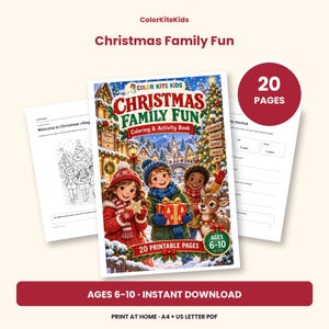 May include: A 20-page Christmas Family Fun coloring and activity book for ages 6-10. The cover features three children and a reindeer in a snowy village setting. Includes printable pages in A4 and US Letter PDF formats for instant download.