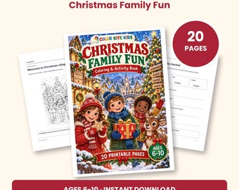 Peut inclure: Un livre de coloriage et d'activités Christmas Family Fun de 20 pages pour les 6-10 ans. La couverture montre trois enfants et un renne dans un village enneigé. Inclut des pages imprimables en formats A4 et US Letter PDF.