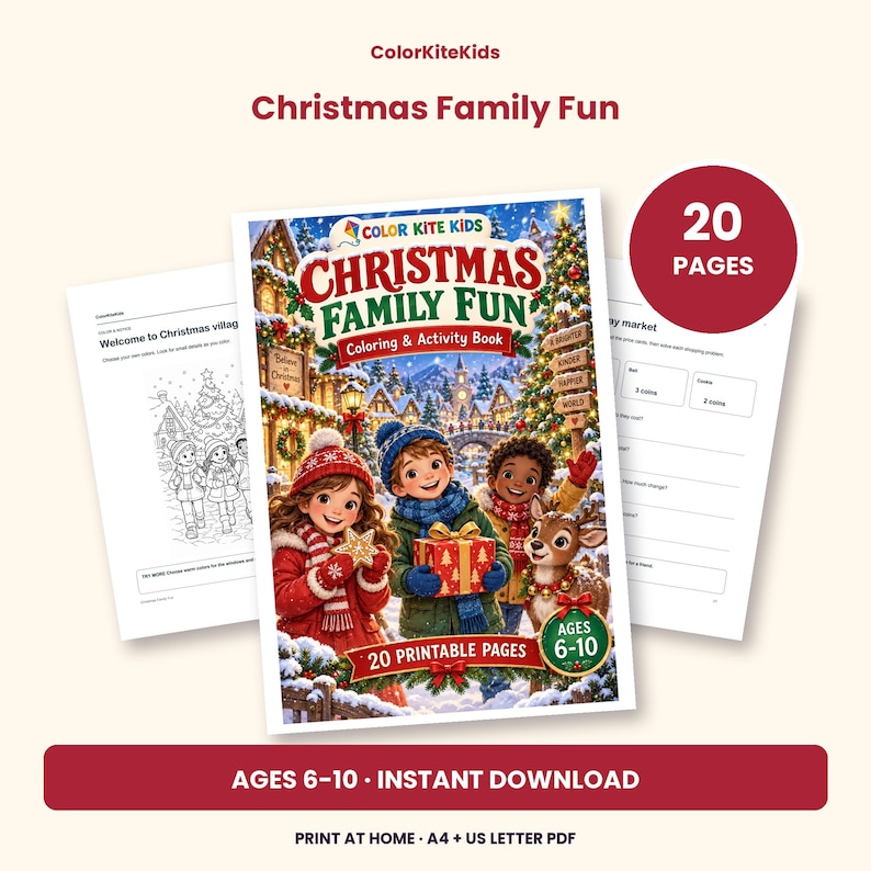 May include: A 20-page Christmas Family Fun coloring and activity book for ages 6-10. The cover features three children and a reindeer in a snowy village setting. Includes printable pages in A4 and US Letter PDF formats for instant download.