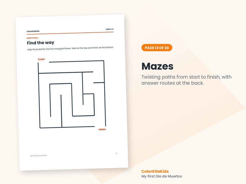 May include: A printable activity page titled Find the way with a black line maze for children. The text reads ColorKiteKids, Ages 3-5, Maze Level 1, and Help the butterfly find the marigold flower. Start at the top and finish at the bottom.