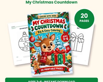 Peut inclure: Un livre de coloriage imprimable intitulé My Christmas Countdown par ColorKiteKids avec un renne, un cadeau et des icônes de Noël. La couverture affiche le texte Big & Easy Coloring, Ages 3-6 et 20 Printable Pages. Deux pages montrent des dessins au trait d'une boule et d'un cadeau.