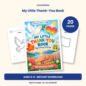 K&ouml;nnte beinhalten: Ein druckbares Malbuch mit dem Titel My Little Thank-You Book f&uuml;r Kinder von 3-6 Jahren. Das Cover zeigt eine wei&szlig;e Taube, ein Regenbogenherz und eine Landschaft mit See und Bergen. Es enth&auml;lt 20 druckbare Seiten zum Herunterladen.