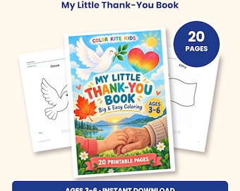 Peut inclure: Un livre de coloriage imprimable intitulé My Little Thank-You Book pour les 3-6 ans. La couverture montre une colombe blanche, un cœur arc-en-ciel et un paysage avec un lac et des montagnes. Il contient 20 pages imprimables.