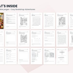 May include: A digital collection of 20 printable pages titled Cozy Bookshop Adventures, featuring a cover image and various activity sheets including word searches, mazes, writing prompts, and coloring illustrations with black text on white paper.