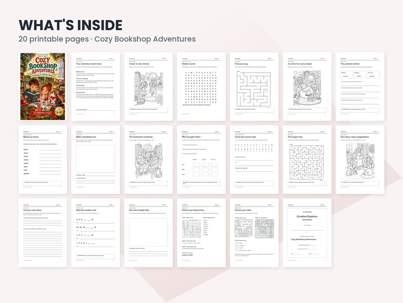 May include: A digital collection of 20 printable pages titled Cozy Bookshop Adventures, featuring a cover image and various activity sheets including word searches, mazes, writing prompts, and coloring illustrations with black text on white paper.