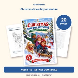 May include: A 20-page Christmas Snow Day Adventure colouring and activity book for ages 6-10. The cover features three children on a wooden sled with a puppy in a snowy landscape, including a snowman, pine trees, and a cabin.