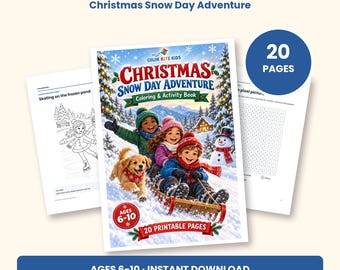 Peut inclure: Un livre de coloriage et d'activités Christmas Snow Day Adventure de 20 pages pour les 6-10 ans. La couverture montre trois enfants sur une luge en bois avec un chiot dans un paysage enneigé, un bonhomme de neige et un chalet.