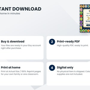 May include: A digital coloring book titled My First 30 Words for ages 2-5, featuring a colorful border of illustrated icons. The image includes instructional text for an instant download process, detailing steps for buying, printing, and digital use.
