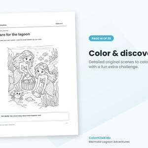 May include: A black and white coloring page titled Care for the lagoon featuring two mermaids cleaning up trash from the ocean floor. The page includes a basket, a crab, seaweed, and text prompts for children to color and write a short story.