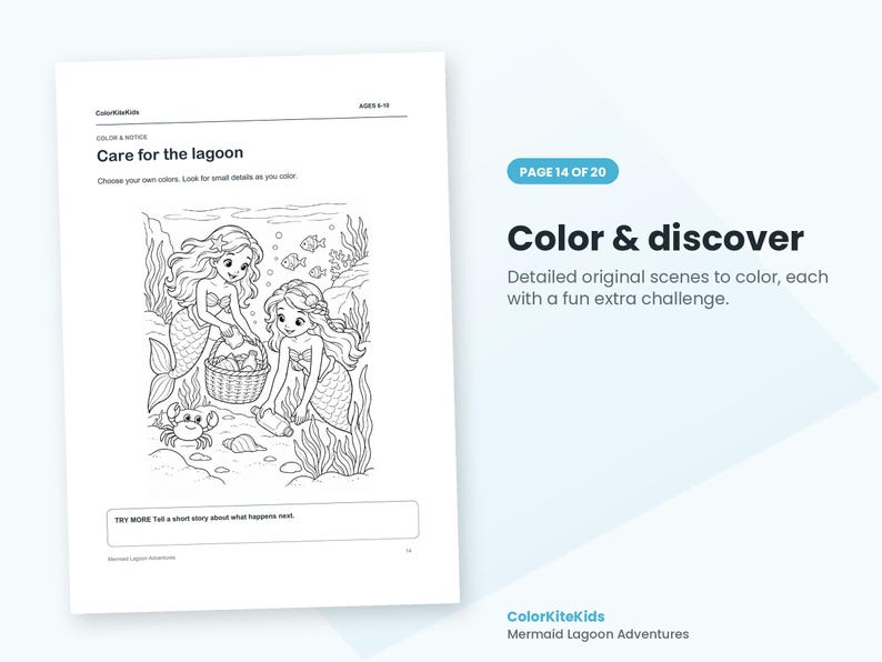May include: A black and white coloring page titled Care for the lagoon featuring two mermaids cleaning up trash from the ocean floor. The page includes a basket, a crab, seaweed, and text prompts for children to color and write a short story.