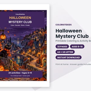 May include: A printable Halloween Mystery Club coloring and activity book featuring a black cat, pumpkins, and a village scene. The cover includes the text ColorKiteKids, Halloween Mystery Club, Color Decode Solve Create, 24 activities, and Ages 6-10.
