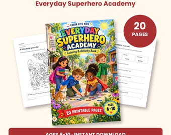 Peut inclure: Livre de coloriage et d'activités Everyday Superhero Academy avec 20 pages imprimables pour les 6-10 ans. La couverture montre quatre enfants en capes de super-héros dessinant à la craie avec un chat, et deux pages d'activités.
