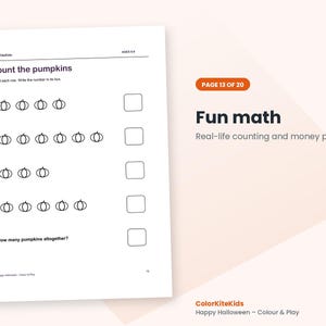 May include: A white educational worksheet titled Count the pumpkins with rows of black pumpkin outlines and empty boxes for writing numbers. The page includes the text ColorKiteKids, AGES 5-9, and How many pumpkins altogether? at the bottom.