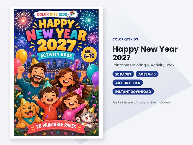 May include: A Happy New Year 2027 activity book cover featuring a family with a dog and cat wearing party hats under fireworks. The text reads Color Kite Kids, Happy New Year 2027 Activity Book, Ages 6-10, and 20 Printable Pages.