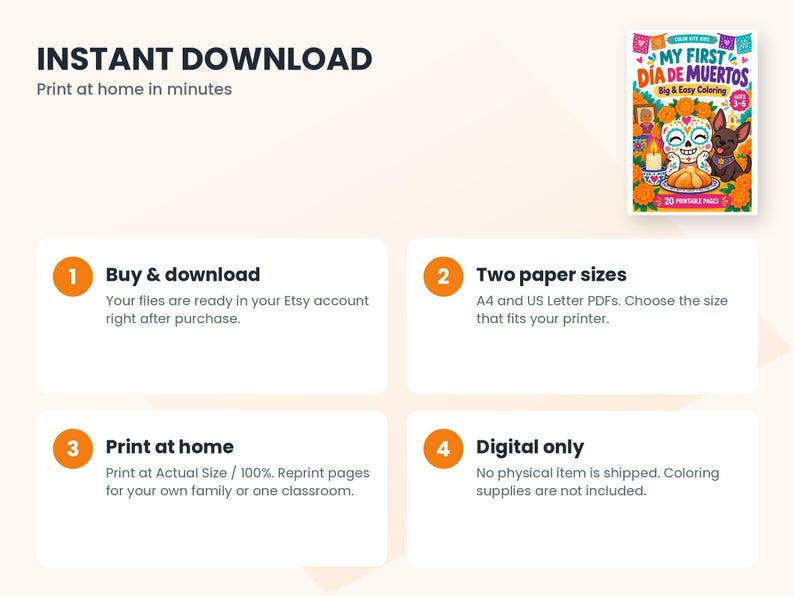 May include: A digital coloring book cover titled My First D&iacute;a de Muertos featuring a sugar skull character, a dog, marigold flowers, and candles. The graphic includes text indicating 20 printable pages for ages 3-6 and instructions for download.