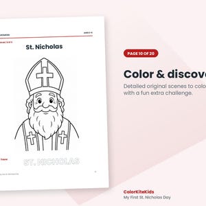 May include: A black and white coloring page featuring a line drawing of St. Nicholas wearing a mitre with a cross. The text reads St. Nicholas, Color & discover, Page 10 of 20, and Trace: ST. NICHOLAS. The sheet is from ColorKiteKids My First St. Nicholas Day.