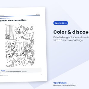 May include: A black and white coloring page titled Blue and white decorations, featuring an adult and two children crafting paper star garlands and chains. The text includes ColorKiteKids, Ages 6-10, Scene 4, and instructions to add more stars.