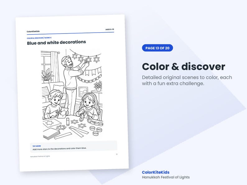 May include: A black and white coloring page titled Blue and white decorations, featuring an adult and two children crafting paper star garlands and chains. The text includes ColorKiteKids, Ages 6-10, Scene 4, and instructions to add more stars.