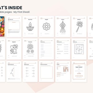 May include: A digital collection of 20 printable pages titled My First Diwali, featuring black and white line art for coloring and activity sheets including a diya lamp, rangoli, lantern, sparkler, sweets, elephant, and various puzzles.