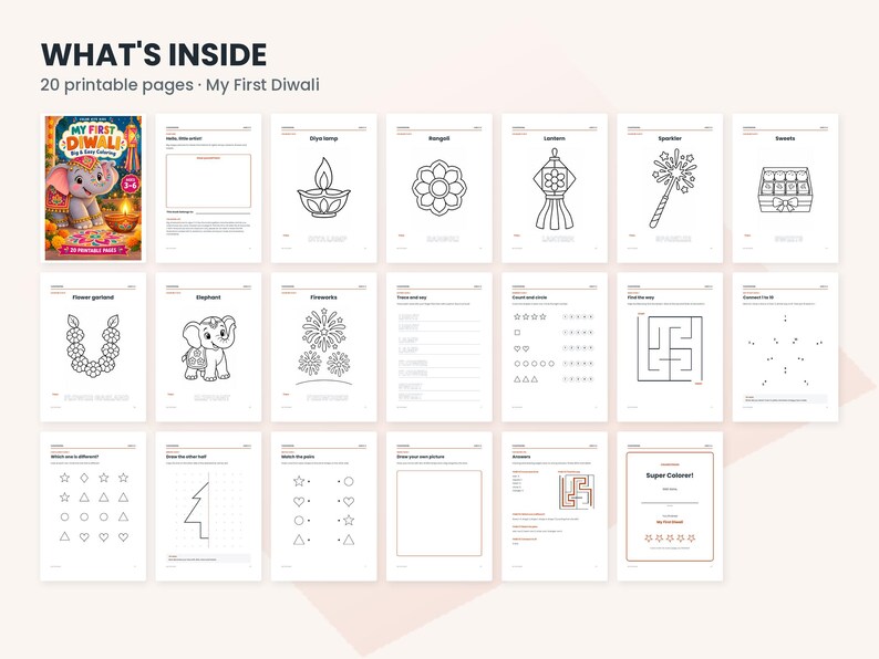 May include: A digital collection of 20 printable pages titled My First Diwali, featuring black and white line art for coloring and activity sheets including a diya lamp, rangoli, lantern, sparkler, sweets, elephant, and various puzzles.