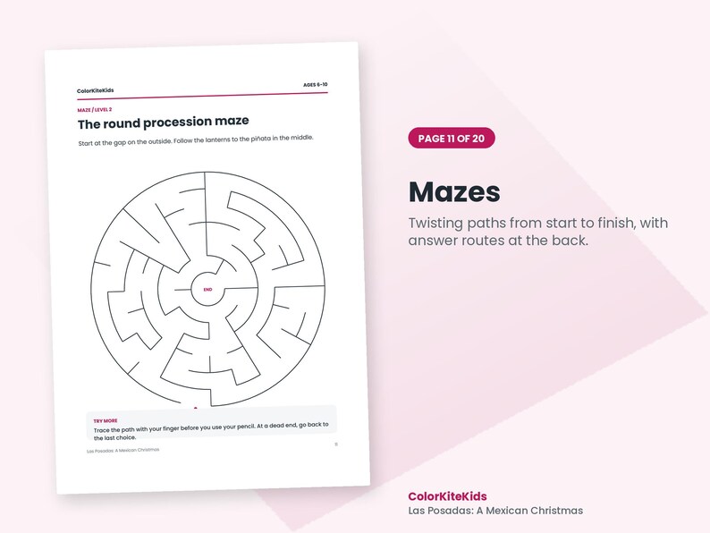 Może przedstawiać: Arkusz aktywności do druku zatytułowany The round procession maze, przedstawiający okrągły labirynt z czarnymi liniami na białym tle. Tekst zawiera instrukcje, aby rozpocząć od szczeliny i podążać za lampionami do środka.