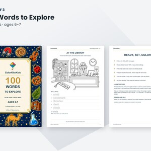 K&ouml;nnte beinhalten: Ein 24-seitiges p&auml;dagogisches Arbeitsheft mit dem Titel 100 Words to Explore f&uuml;r 6- bis 7-J&auml;hrige. Das Cover zeigt einen dunkelblauen Hintergrund mit bunten Illustrationen eines Teleskops, Magneten, einer Geige, eines Marienk&auml;fers und eines Segelboots.