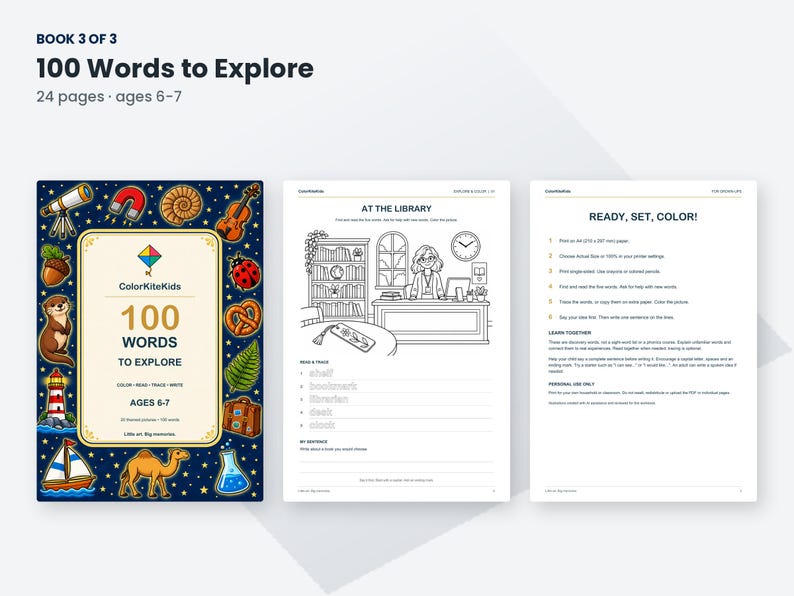 K&ouml;nnte beinhalten: Ein 24-seitiges p&auml;dagogisches Arbeitsheft mit dem Titel 100 Words to Explore f&uuml;r 6- bis 7-J&auml;hrige. Das Cover zeigt einen dunkelblauen Hintergrund mit bunten Illustrationen eines Teleskops, Magneten, einer Geige, eines Marienk&auml;fers und eines Segelboots.