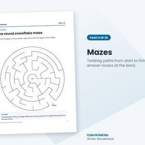 May include: A white activity sheet titled The round snowflake maze, featuring a circular black-lined puzzle. The text includes instructions to help the fox find the igloo, a start point, and a try more section with tips for tracing the path.