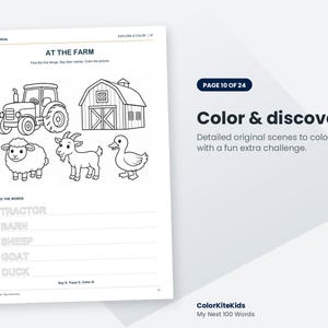 Pode incluir: Uma p&aacute;gina de colorir em preto e branco intitulada AT THE FARM com um trator, celeiro, ovelha, cabra e pato. Abaixo das ilustra&ccedil;&otilde;es h&aacute; linhas para tra&ccedil;ar as palavras TRACTOR, BARN, SHEEP, GOAT e DUCK. A p&aacute;gina inclui o texto ColorKiteKids.