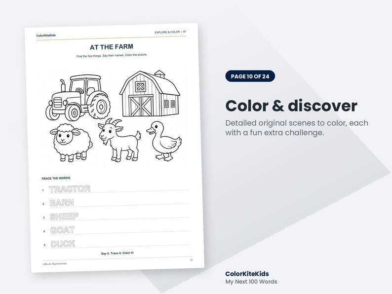 Pode incluir: Uma p&aacute;gina de colorir em preto e branco intitulada AT THE FARM com um trator, celeiro, ovelha, cabra e pato. Abaixo das ilustra&ccedil;&otilde;es h&aacute; linhas para tra&ccedil;ar as palavras TRACTOR, BARN, SHEEP, GOAT e DUCK. A p&aacute;gina inclui o texto ColorKiteKids.
