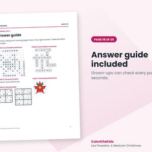 Może przedstawiać: Biała strona z książki z zadaniami zatytułowana Answer guide dla dzieci w wieku 6-10 lat, zawierająca wykreślankę, krzyż&oacute;wkę, siatki liczbowe i gwiazdę betlejemską w stylu pixel art. Tekst zawiera Page 18 of 20, Answer guide included oraz ColorKiteKids.