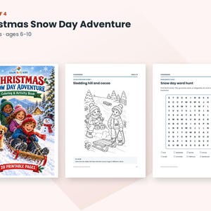 May include: A Christmas Snow Day Adventure coloring and activity book with 20 pages for ages 6-10. The cover features children sledding with a puppy and a snowman. Interior pages show a sledding coloring scene and a snow day word hunt puzzle.