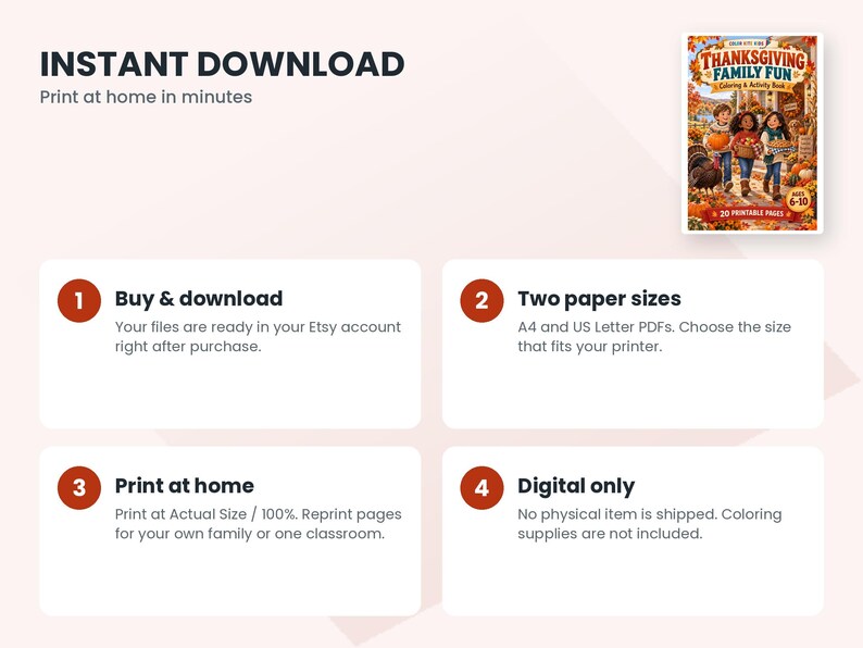 May include: A digital Thanksgiving Family Fun coloring and activity book with 20 printable pages for ages 6-10. The cover features three children in an autumn setting with pumpkins and a turkey. Includes instructions for download, A4 and US Letter sizes.
