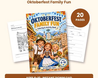 May include: Oktoberfest Family Fun coloring and activity book for ages 6-10. The cover features three children in traditional Bavarian clothing at a fair, with text reading Oktoberfest Family Fun, 20 pages, and instant download.