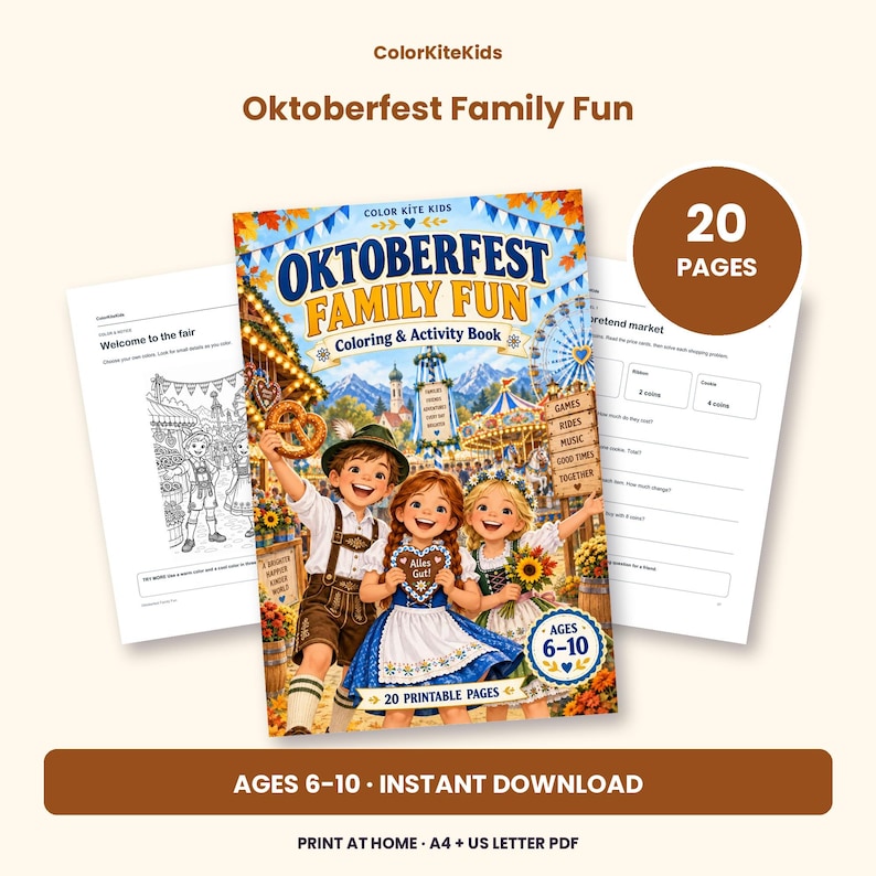Pode incluir: Livro de colorir e atividades Oktoberfest Family Fun para crian&ccedil;as de 6 a 10 anos. A capa mostra tr&ecirc;s crian&ccedil;as com roupas tradicionais da Baviera em uma feira, com o texto Oktoberfest Family Fun, 20 p&aacute;ginas e download instant&acirc;neo.