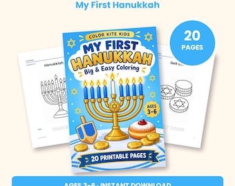 Peut inclure: Un livre de coloriage numérique intitulé My First Hanukkah Big & Easy Coloring pour les 3-6 ans. La couverture présente une ménorah dorée avec des bougies bleues, une toupie, un beignet et des pièces d'or. 20 pages imprimables.