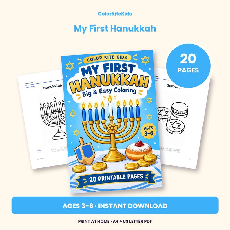 May include: A digital coloring book titled My First Hanukkah Big & Easy Coloring for ages 3-6. The cover features a gold menorah with blue candles, a dreidel, a jelly donut, and gold coins. It includes 20 printable pages in total.