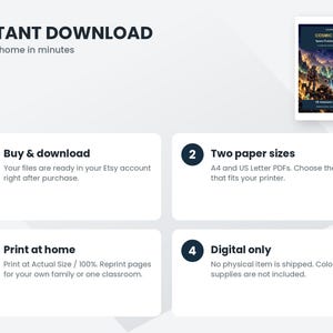 May include: A digital download instruction graphic for a Cosmic Quest space puzzle and coloring book. It outlines four steps: buy and download, two paper sizes including A4 and US Letter, print at home, and digital only, noting no physical item is shipped.