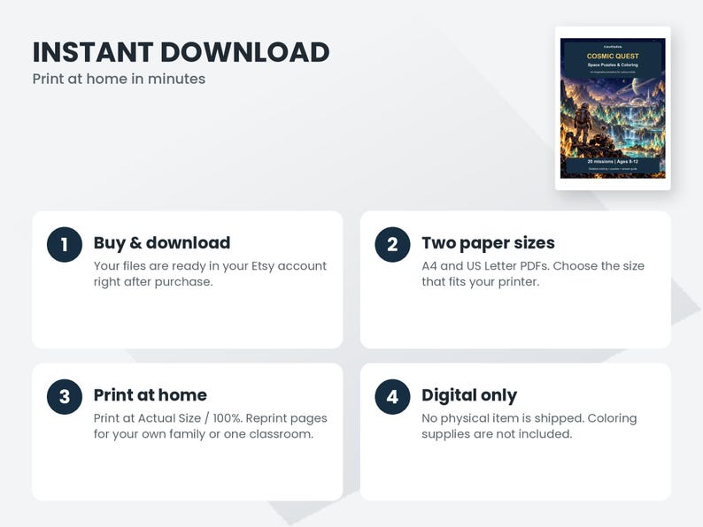 May include: A digital download instruction graphic for a Cosmic Quest space puzzle and coloring book. It outlines four steps: buy and download, two paper sizes including A4 and US Letter, print at home, and digital only, noting no physical item is shipped.