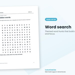 May include: A white activity sheet titled Hidden words with a grid of black letters for a word search puzzle. The page includes the text ColorKiteKids, AGES 9-10, and a list of words to find including PEARL, SHELL, CORAL, WAVE, TAIL, FISH, CAVE, REEF.
