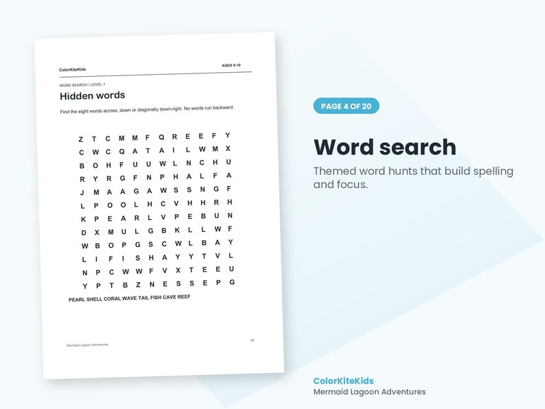 May include: A white activity sheet titled Hidden words with a grid of black letters for a word search puzzle. The page includes the text ColorKiteKids, AGES 9-10, and a list of words to find including PEARL, SHELL, CORAL, WAVE, TAIL, FISH, CAVE, REEF.