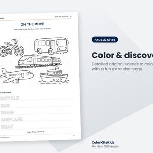 Pode incluir: Uma p&aacute;gina de colorir intitulada ON THE MOVE com desenhos de linha de uma bicicleta, autocarro, comboio, avi&atilde;o e barco. Abaixo das ilustra&ccedil;&otilde;es, o texto TRACE THE WORDS lista as palavras para tra&ccedil;ar em linhas horizontais.