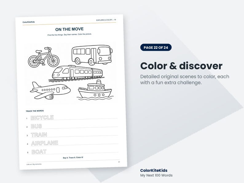 Pode incluir: Uma p&aacute;gina de colorir intitulada ON THE MOVE com desenhos de linha de uma bicicleta, autocarro, comboio, avi&atilde;o e barco. Abaixo das ilustra&ccedil;&otilde;es, o texto TRACE THE WORDS lista as palavras para tra&ccedil;ar em linhas horizontais.
