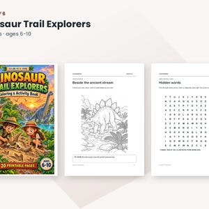 May include: A Dinosaur Trail Explorers colouring and activity book with 20 pages for ages 6-10. The cover features two children examining a fossil in a jungle setting with dinosaurs. Interior pages show a Stegosaurus line drawing and a word search puzzle.